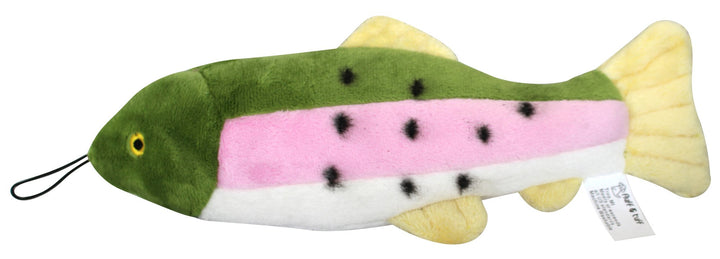 Fluff and Tuff Burt the Lake Trout toy, ideal for small dogs' catch and tug sessions.
