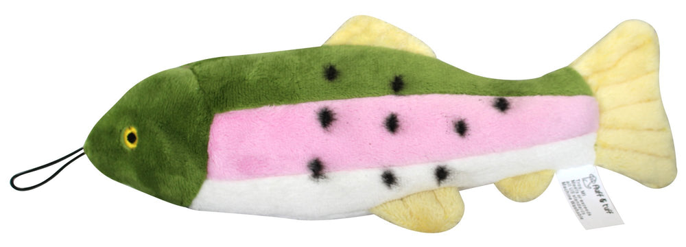 Fluff and Tuff Burt the Lake Trout toy, ideal for small dogs' catch and tug sessions.