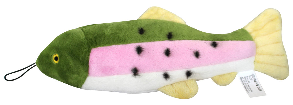 Fluff and Tuff Burt the Lake Trout toy, ideal for small dogs' catch and tug sessions.
