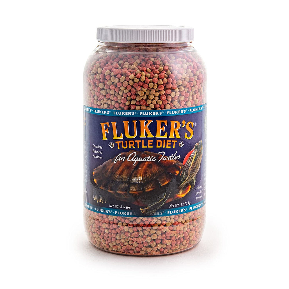 Fluker's Aquatic Turtle Diet jar shows complete nutrition for healthy growth.