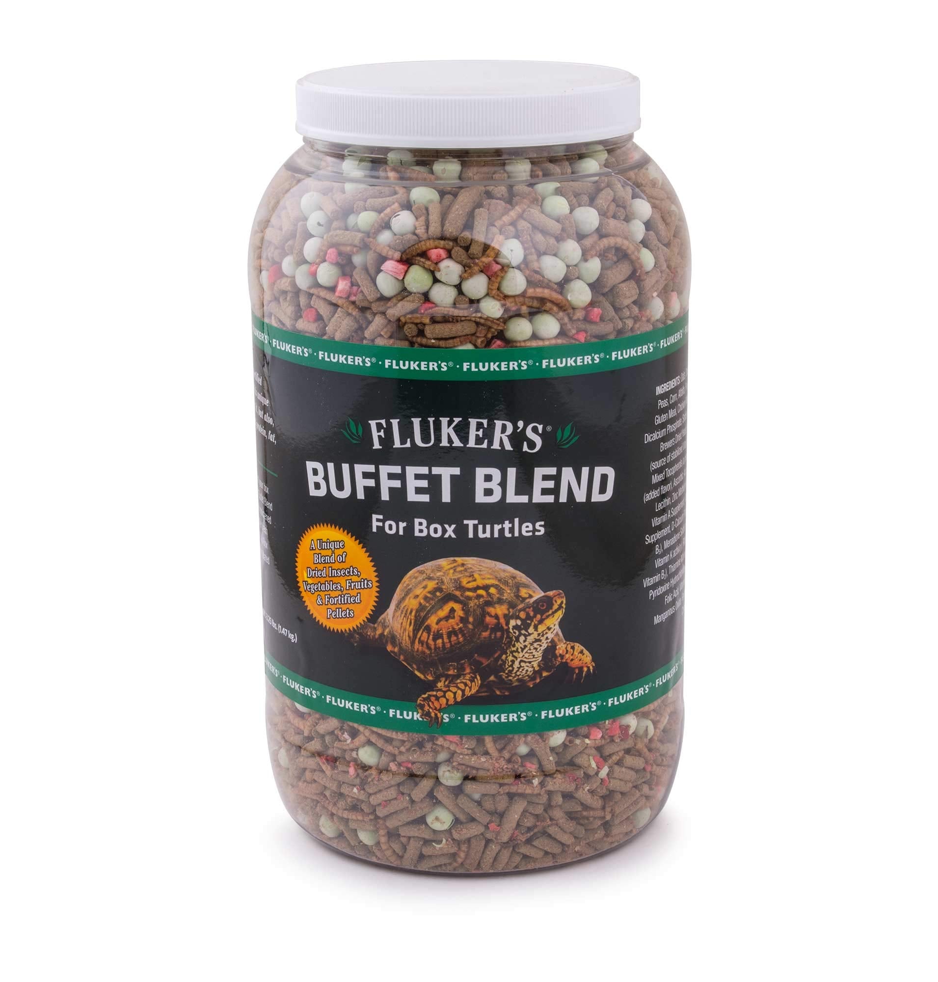 Fluker's Buffet Blend Box Turtle Diet displayed as a complete daily meal for turtles
