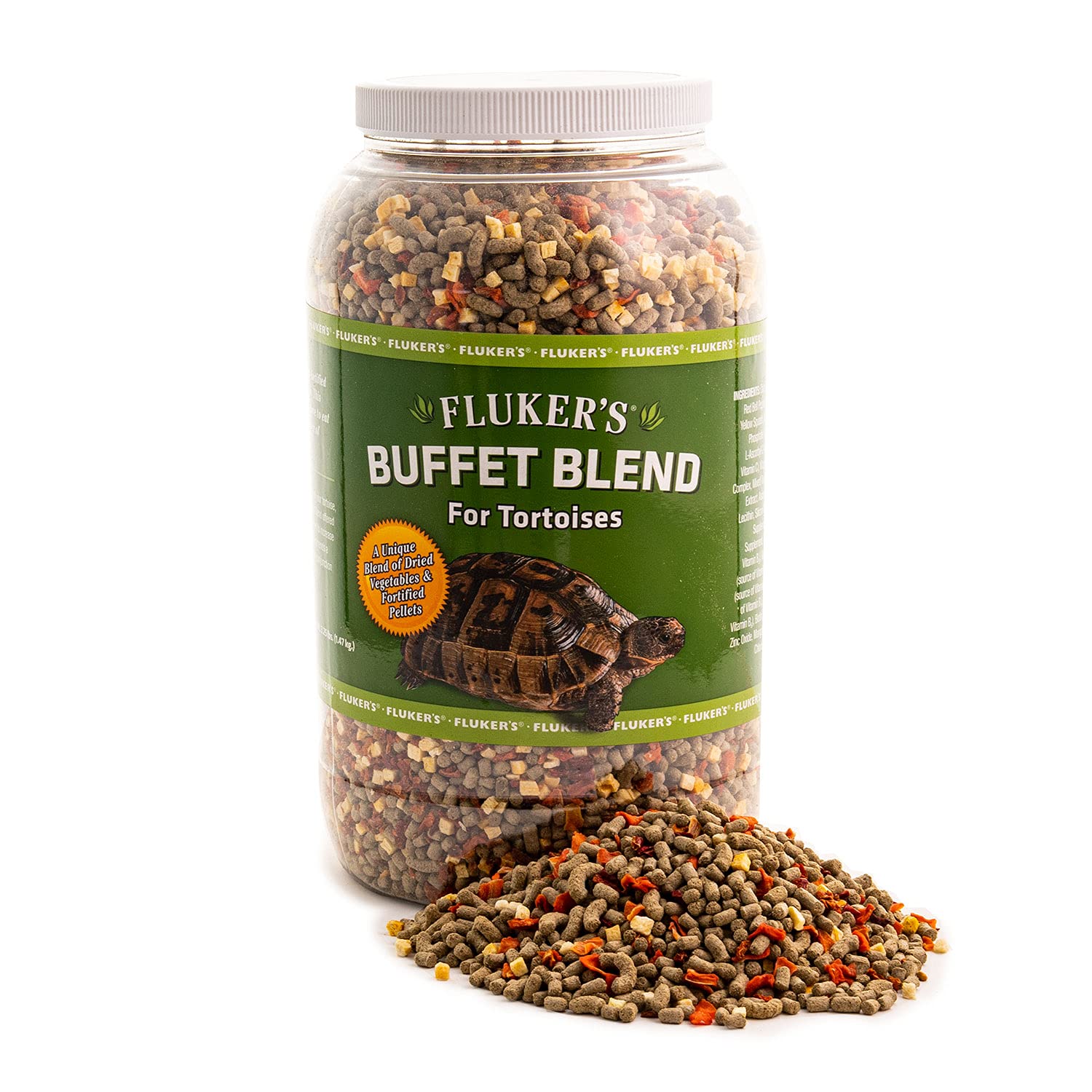 Fluker's Buffet Blend packaging showcases a complete tortoise diet for balanced nutrition