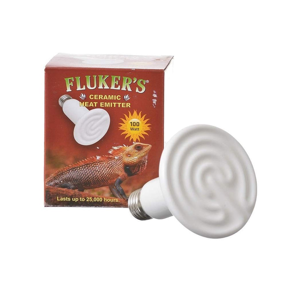 Fluker's Ceramic Heat Emitter image shows large circular heat source for reptile basking and steady temperatures