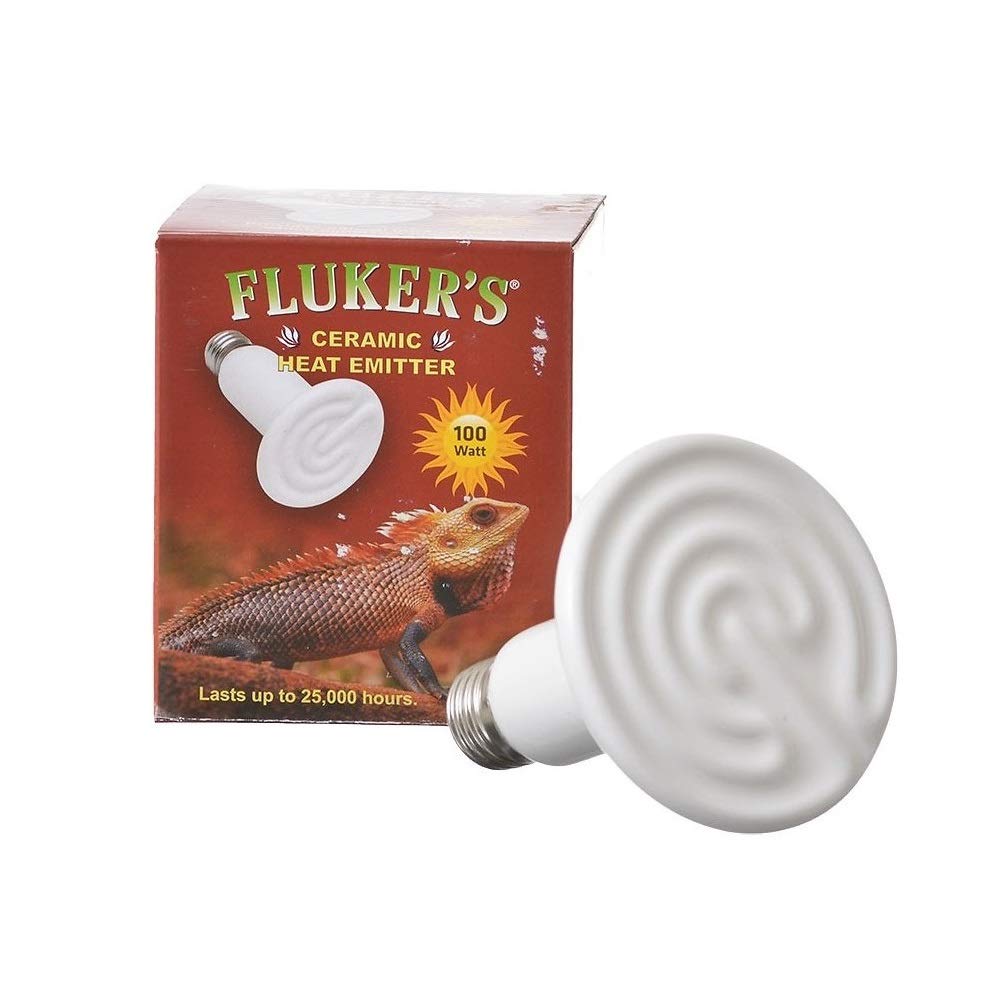 Fluker's Ceramic Heat Emitter image shows large circular heat source for reptile basking and steady temperatures