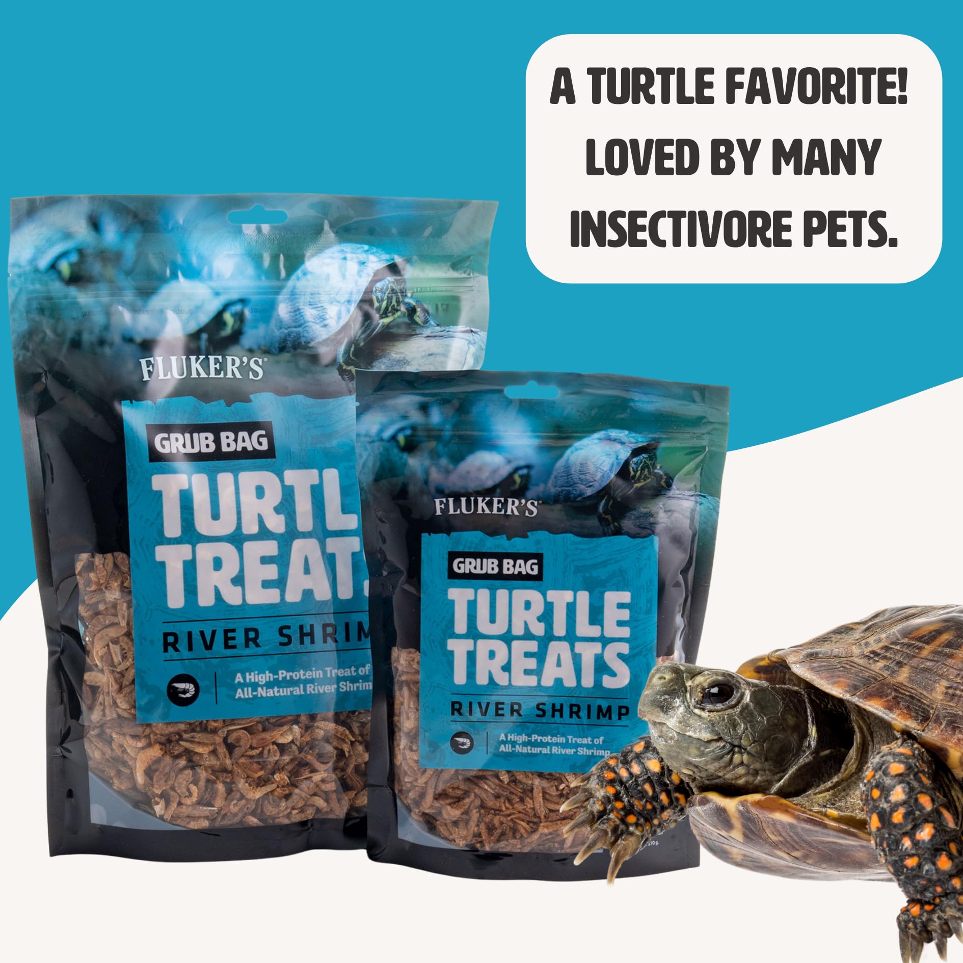 Fluker's Grub Bag aquatic turtles snack in a tank.