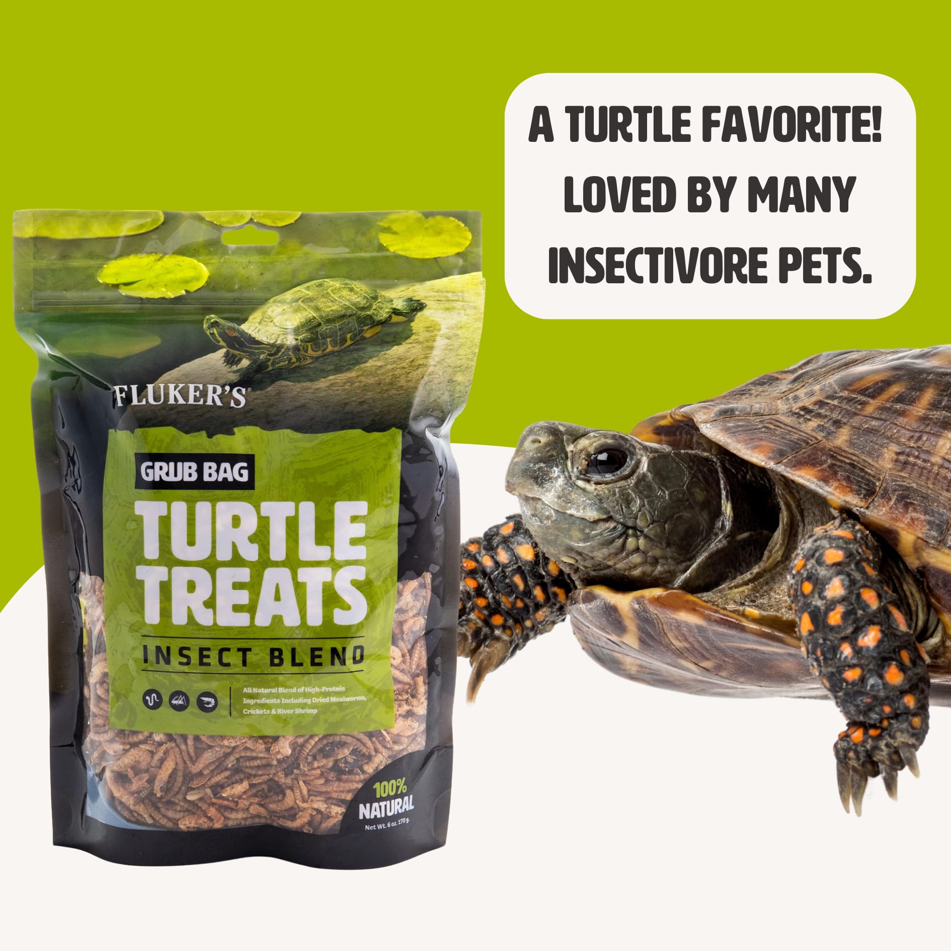 Natural prey blend of mealworms, river shrimp, and crickets in Fluker's Grub Bag