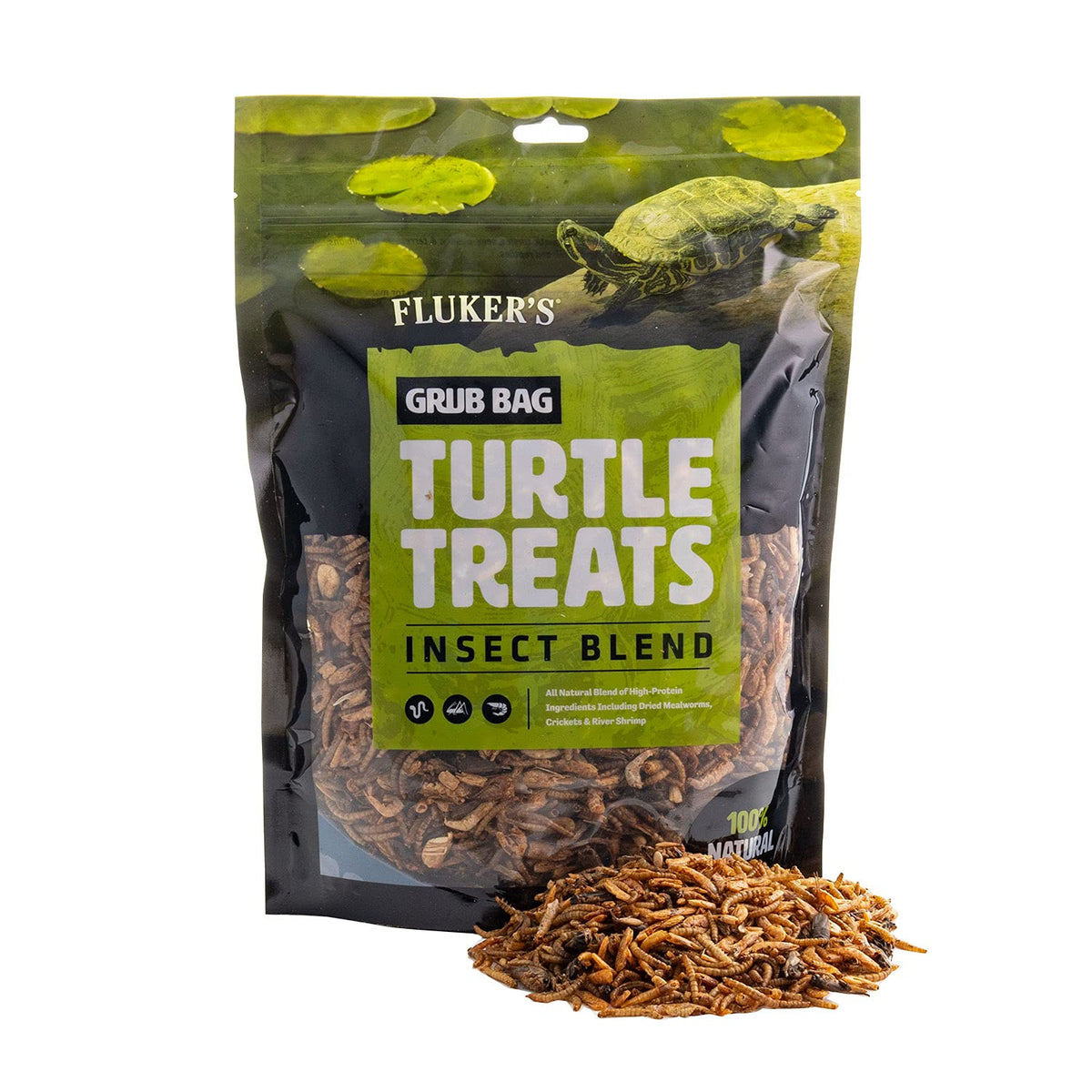 Fluker's Grub Bag Turtle Treats packaging showing resealable pouch for fresh feeding