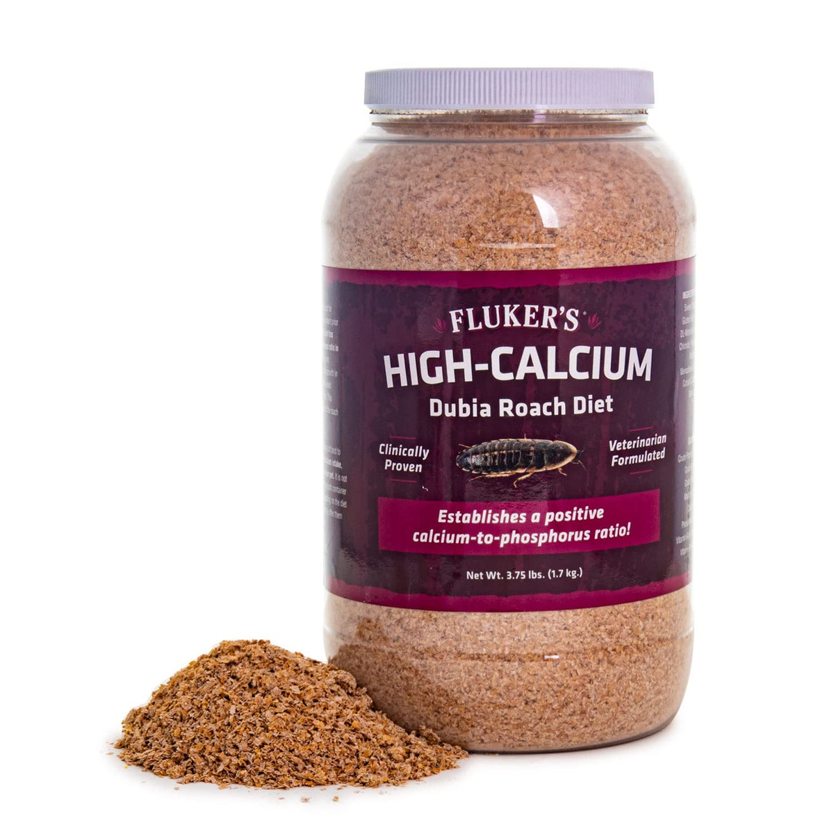 Fluker's High Calcium Dubia Roach Diet bag shows powder designed for gut-loading.