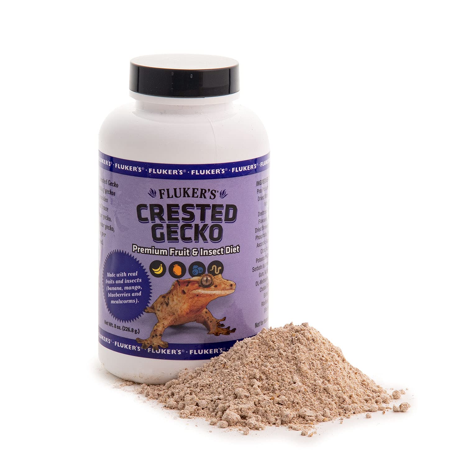 Fluker's Premium Crested Gecko Diet 8oz jar with real fruit and insects for balanced nutrition.