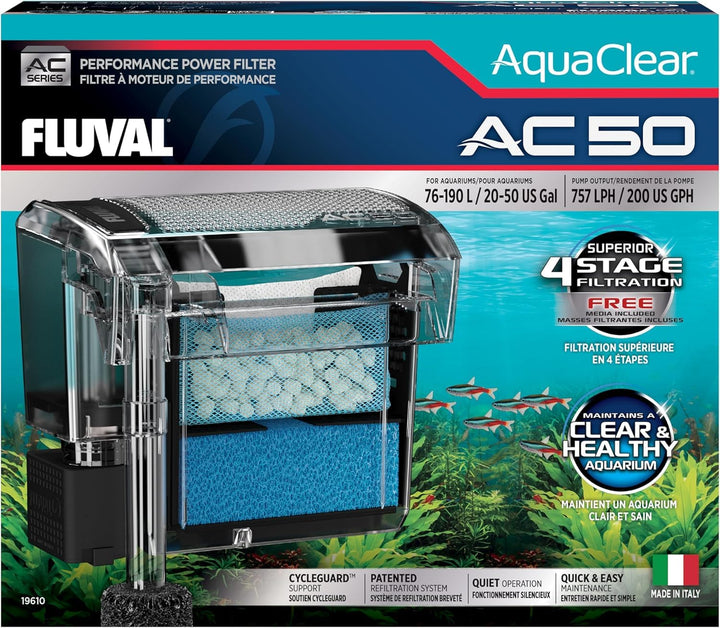 Fluval 50 Power Filter front view demonstrates compact design for quiet filtration