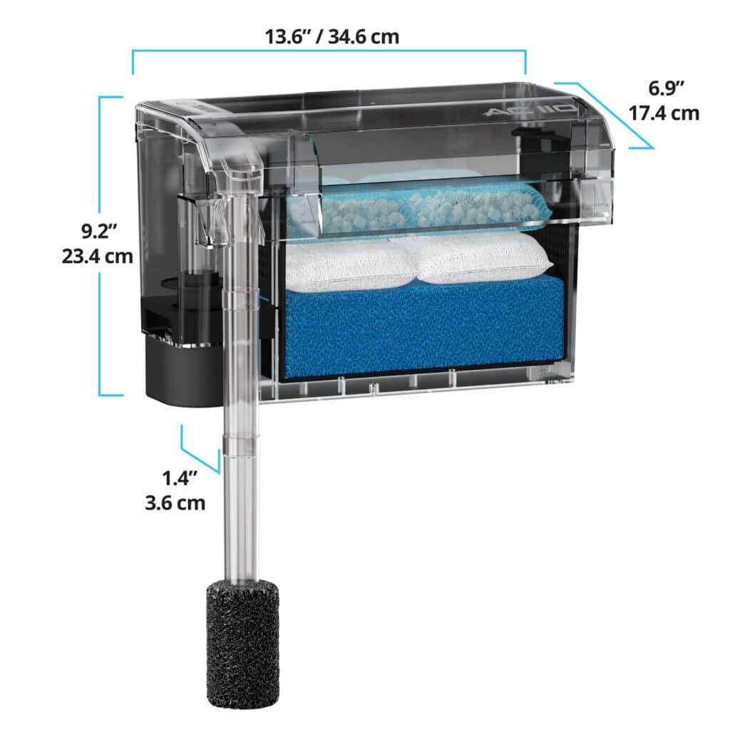Fluval AC110 filter dimensions and specs for proper sizing in larger tanks.
