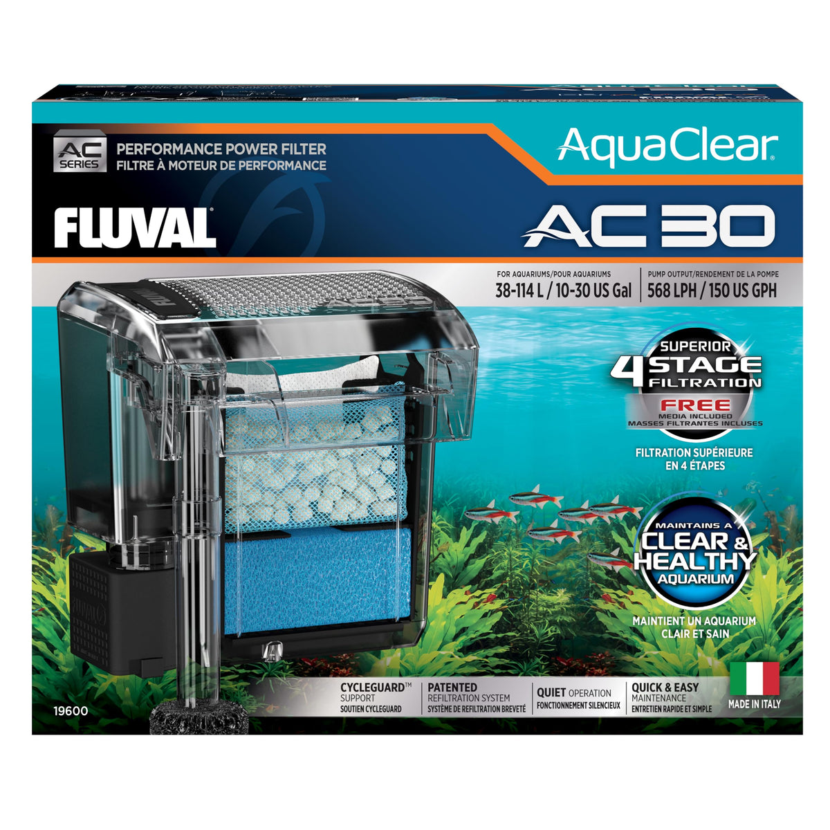 Fluval AC30 front view, compact power filter for small to mid-size aquariums.