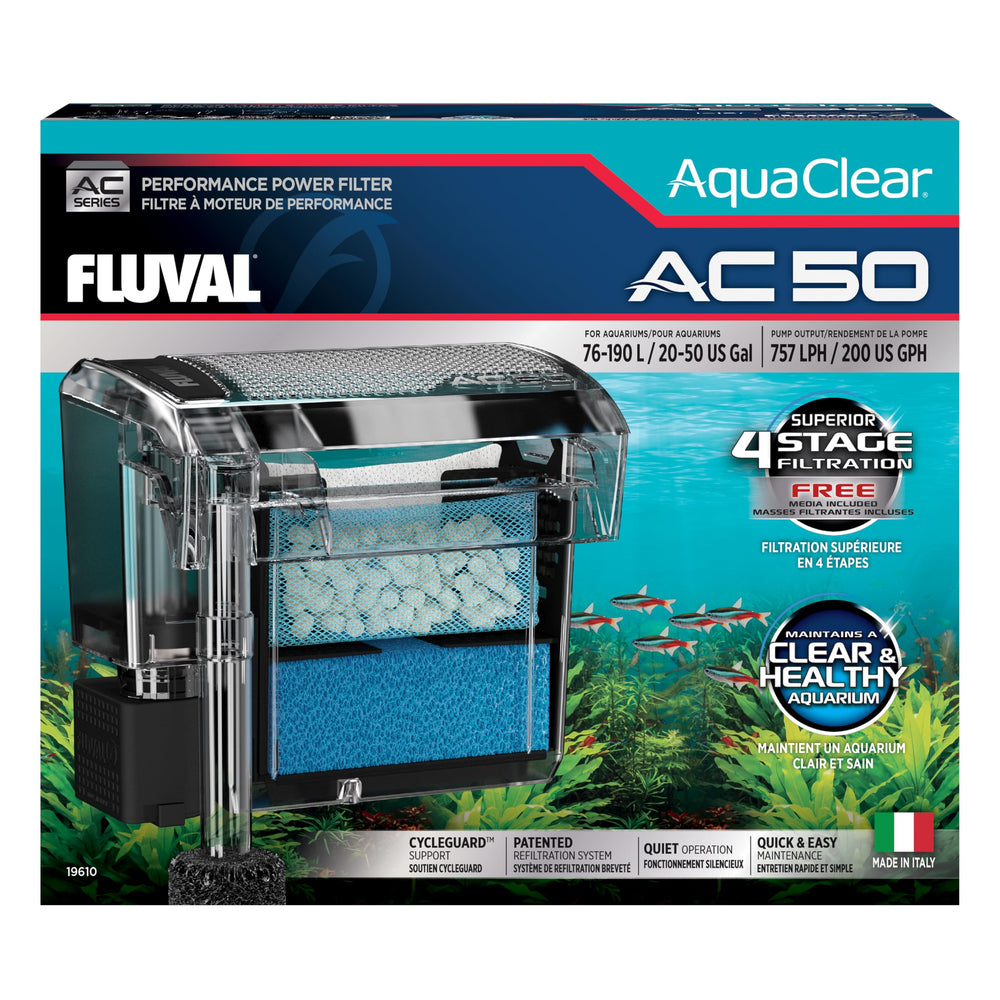 Fluval AC50 filter front view demonstrating compact design for efficient tank filtration.