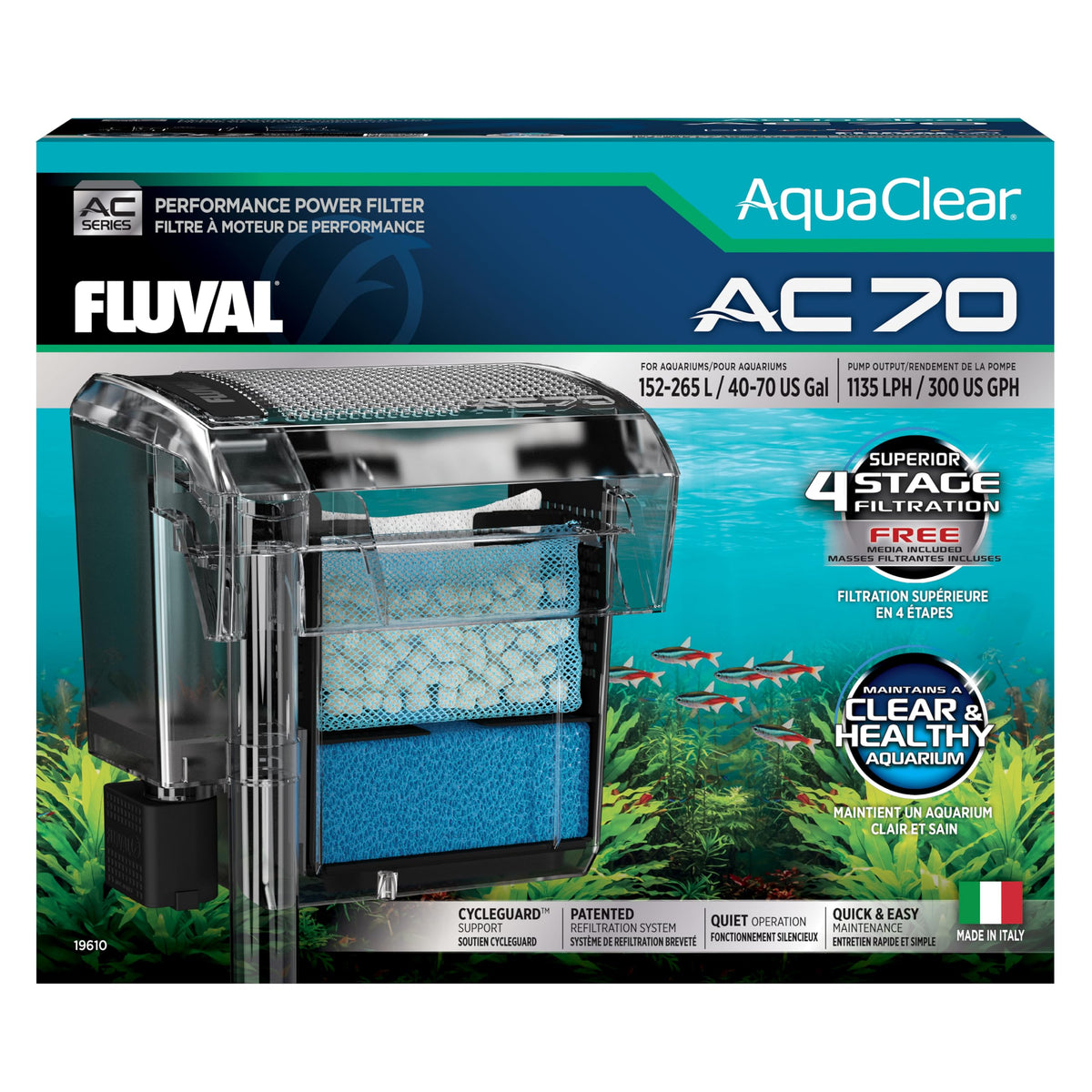 Fluval AC70 filter front view with included media for ready filtration