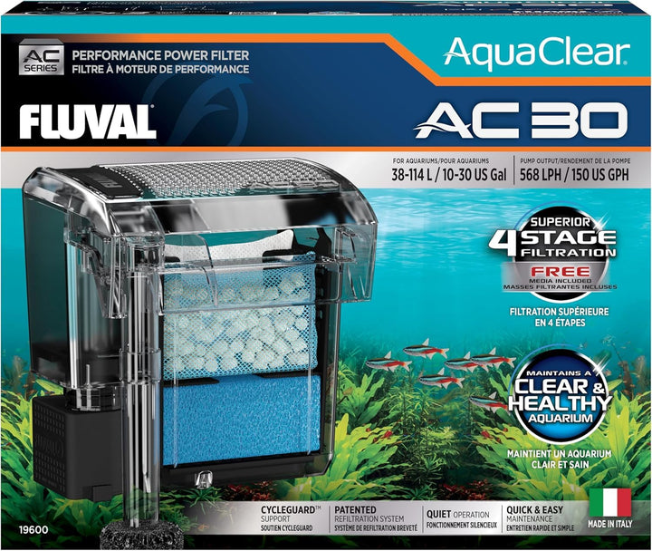 Fluval AquaClear 30 filter system shown, boosting filtration for 10–30 gallon tanks.