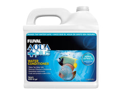 Fluval AquaPlus bottle, water conditioner neutralizing toxins and reducing fish stress during changes.