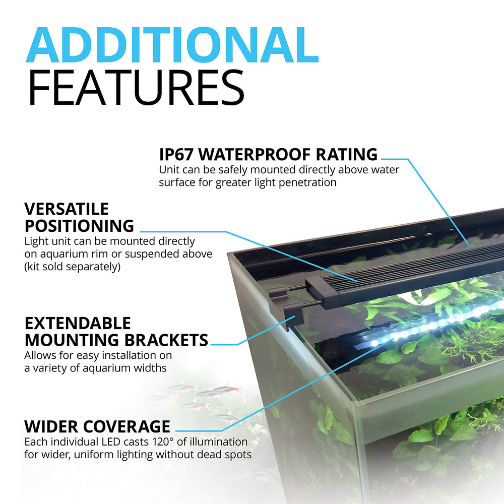 6500K white LEDs with RGB in Fluval Aquasky 2.0 for natural daylight and color pops.