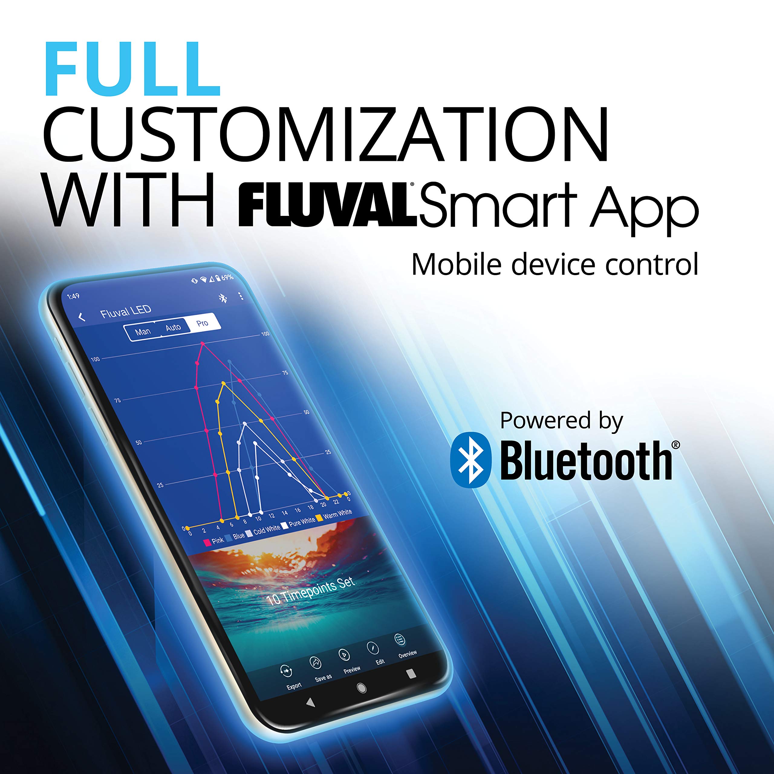 Fluval Aquasky 2.0 app control panel enabling easy scheduling and customization.
