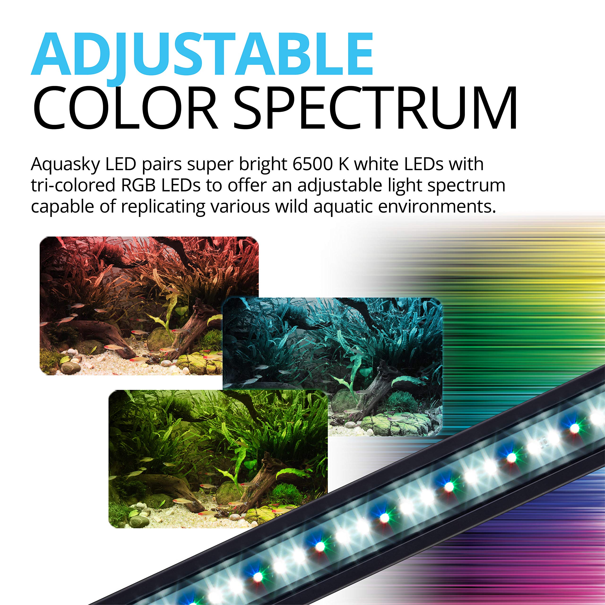 Fluval Aquasky 2.0 rainbow spectrum enhances fish colors and tank ambiance.