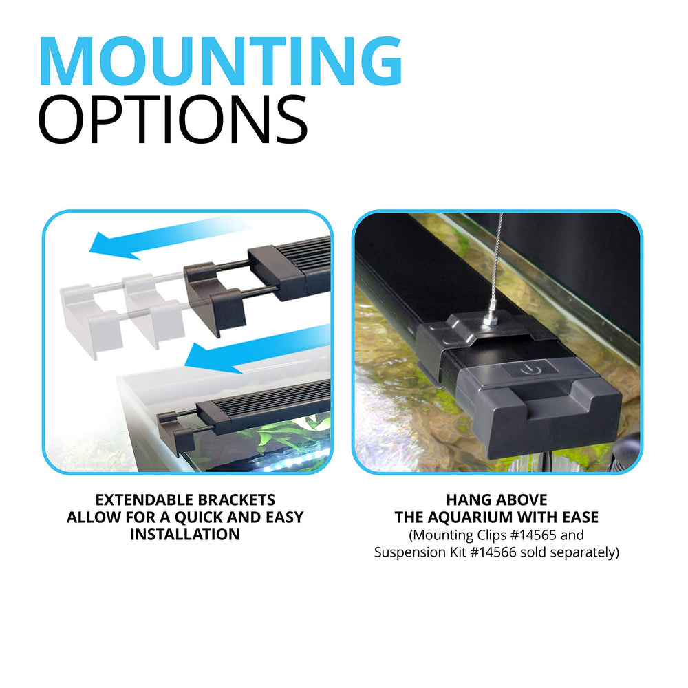 Bright LEDs on Fluval Aquasky 2.0 enhance fish colors and habitat realism.