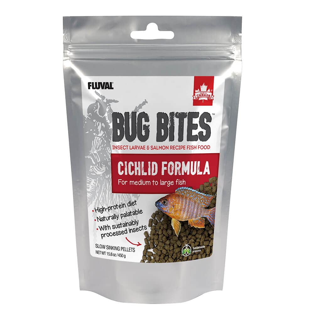 Fluval Bug Bites packaging label highlights BSFL based formula for tropical fish.