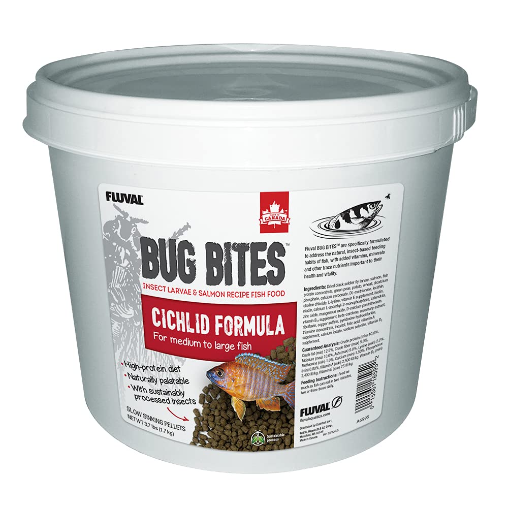 Fluval Bug Bites pellets close-up showing insect-based nutrition for cichlids.