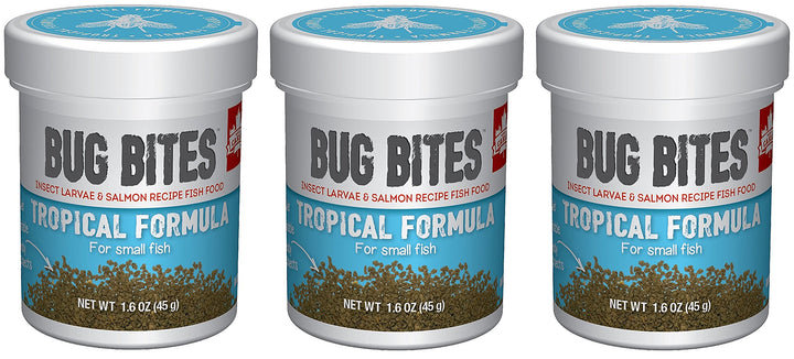 Fluval Bug Bites Tropical bottle on 3-pack, ideal for small to medium tropical fish, providing balanced nutrition.