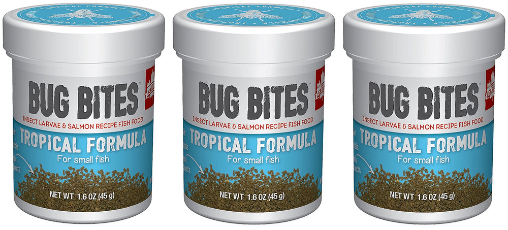 Fluval Bug Bites Tropical bottle on 3-pack, ideal for small to medium tropical fish, providing balanced nutrition.