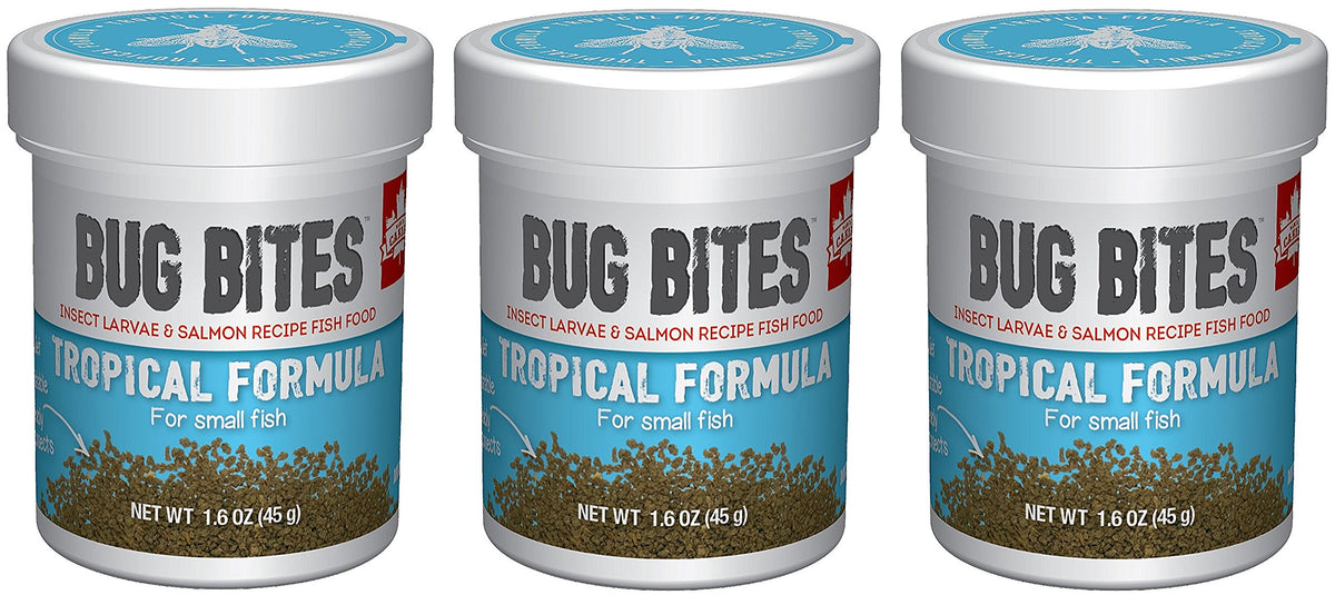 Fluval Bug Bites Tropical bottle on 3-pack, ideal for small to medium tropical fish, providing balanced nutrition.