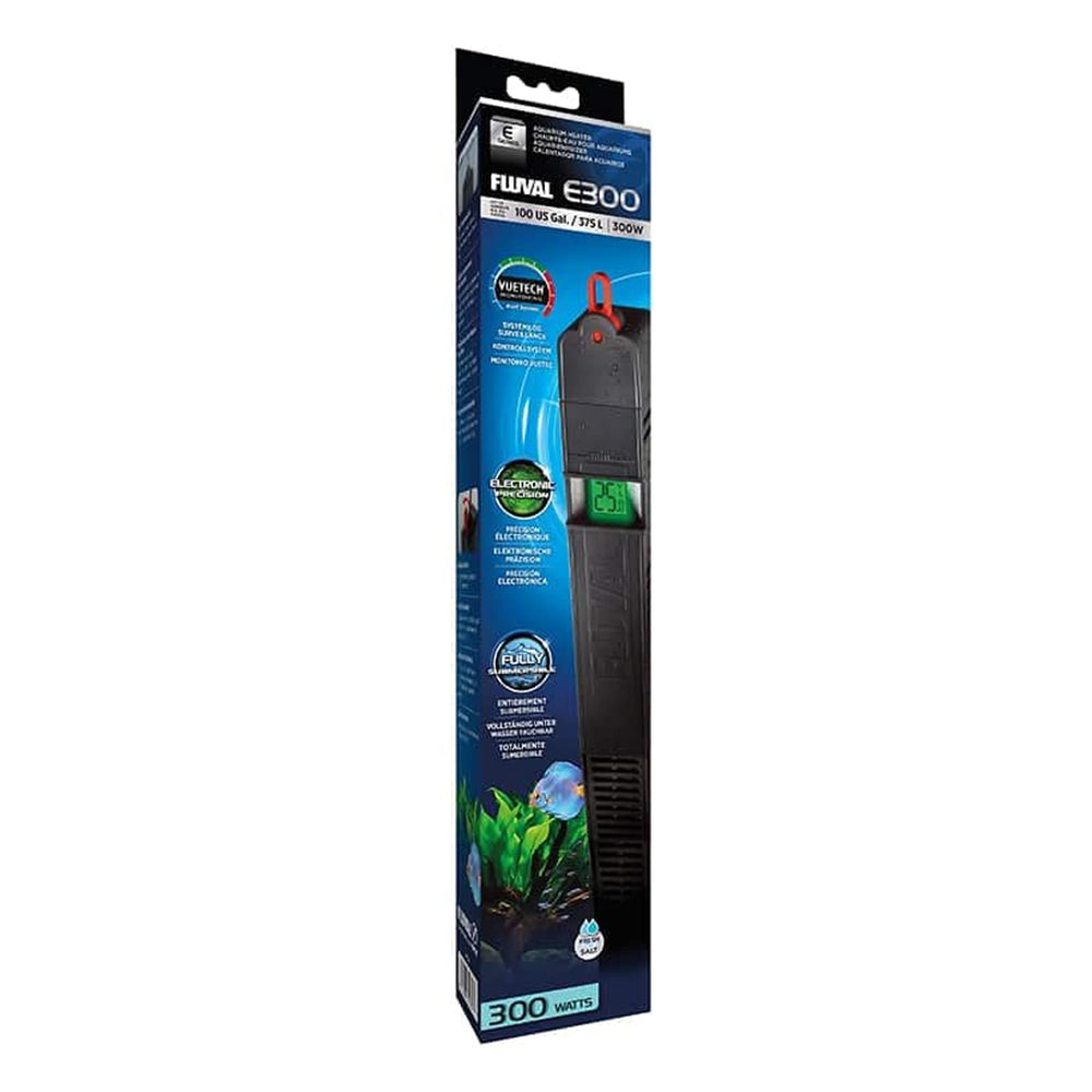 Fluval E300 front view with digital display showing precise temperature control