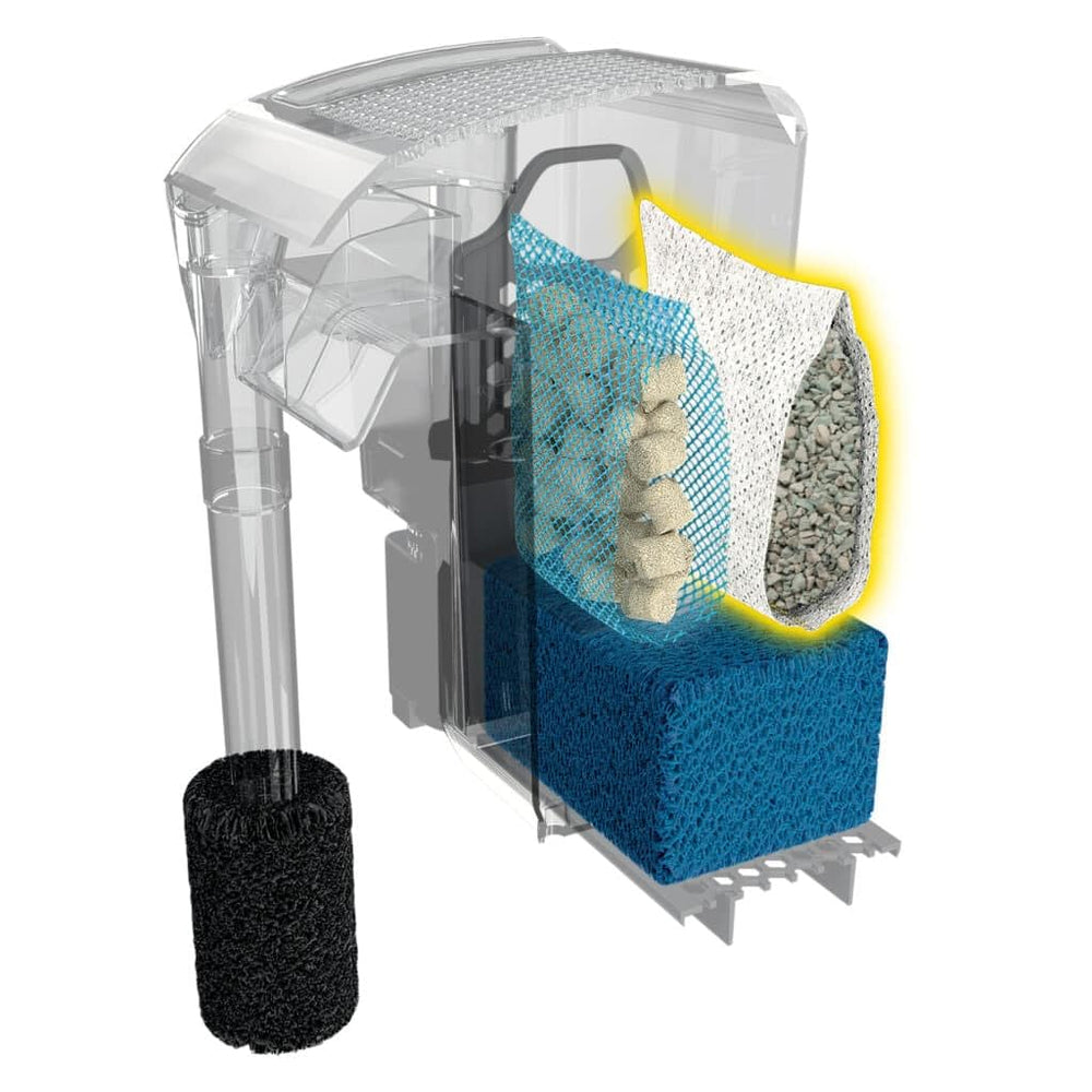 Healthy freshwater aquarium setup featuring Fluval remover in use.