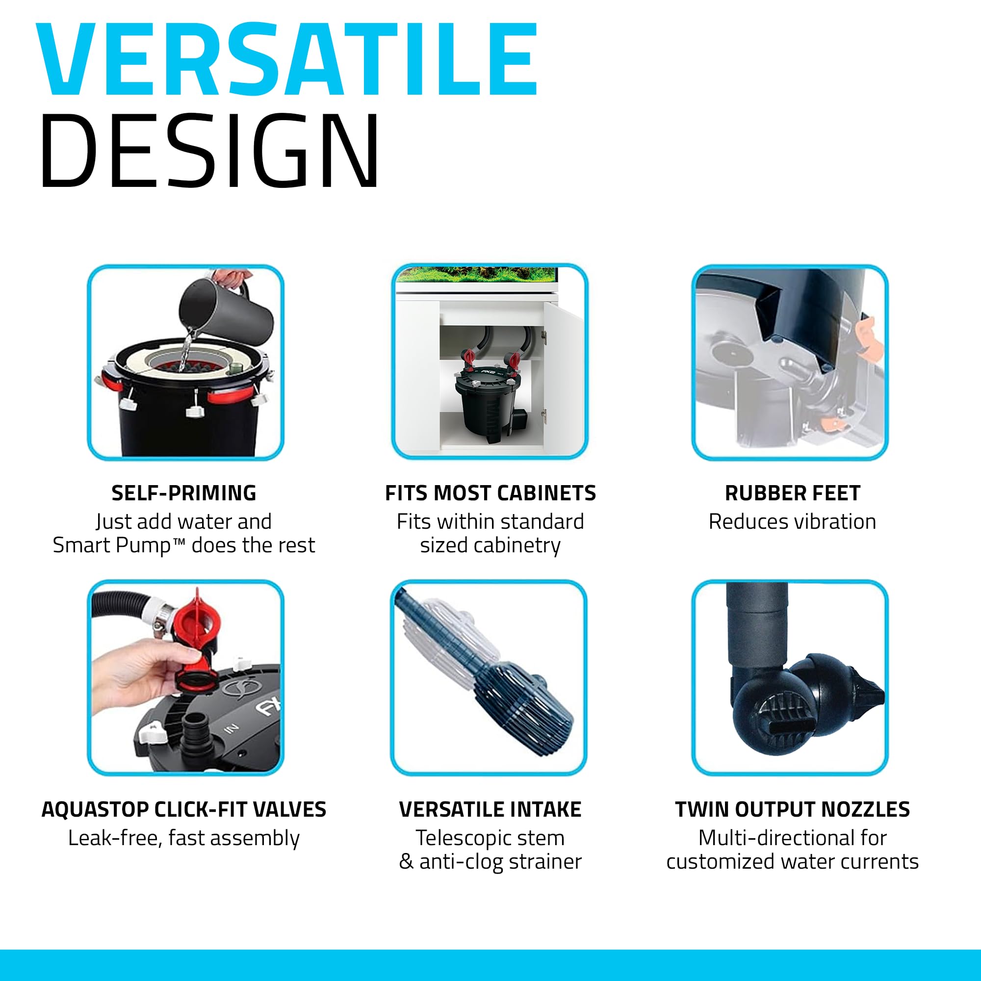 Fluval FX4 compact-height design fits neatly under most aquariums.