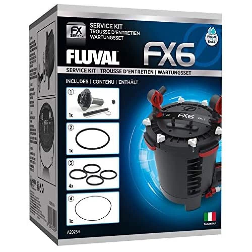 Fluval FX6 service kit parts closeup, highlighting gasket replacements for reliable filtration maintenance.