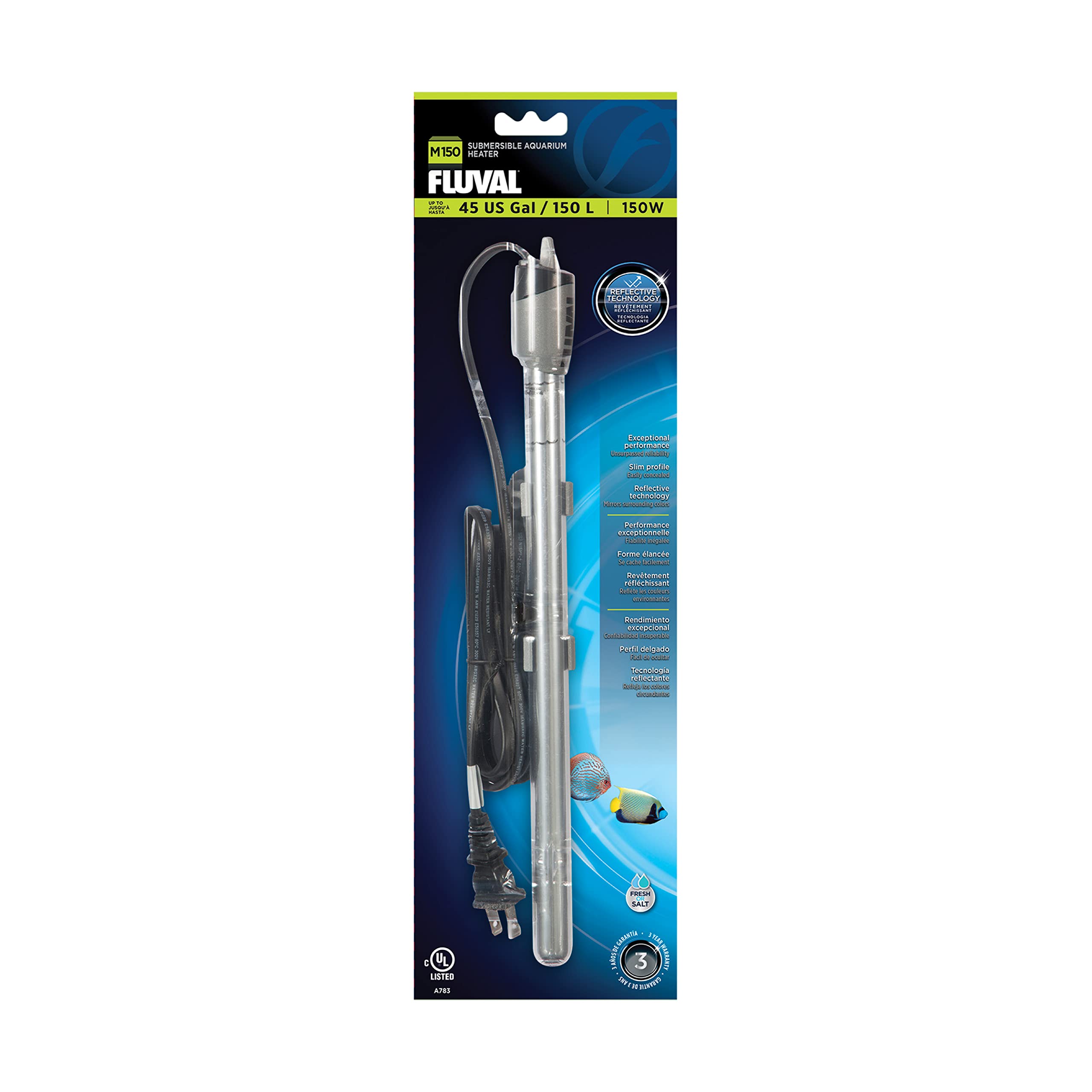 Fluval M 150-Watt heater front view shows compact, discreet placement for tanks