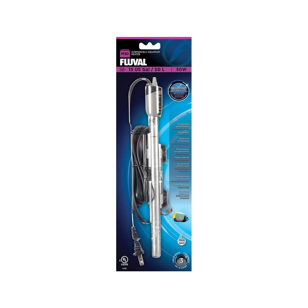 Fluval M 50W submersible heater shown in compact design for small tanks