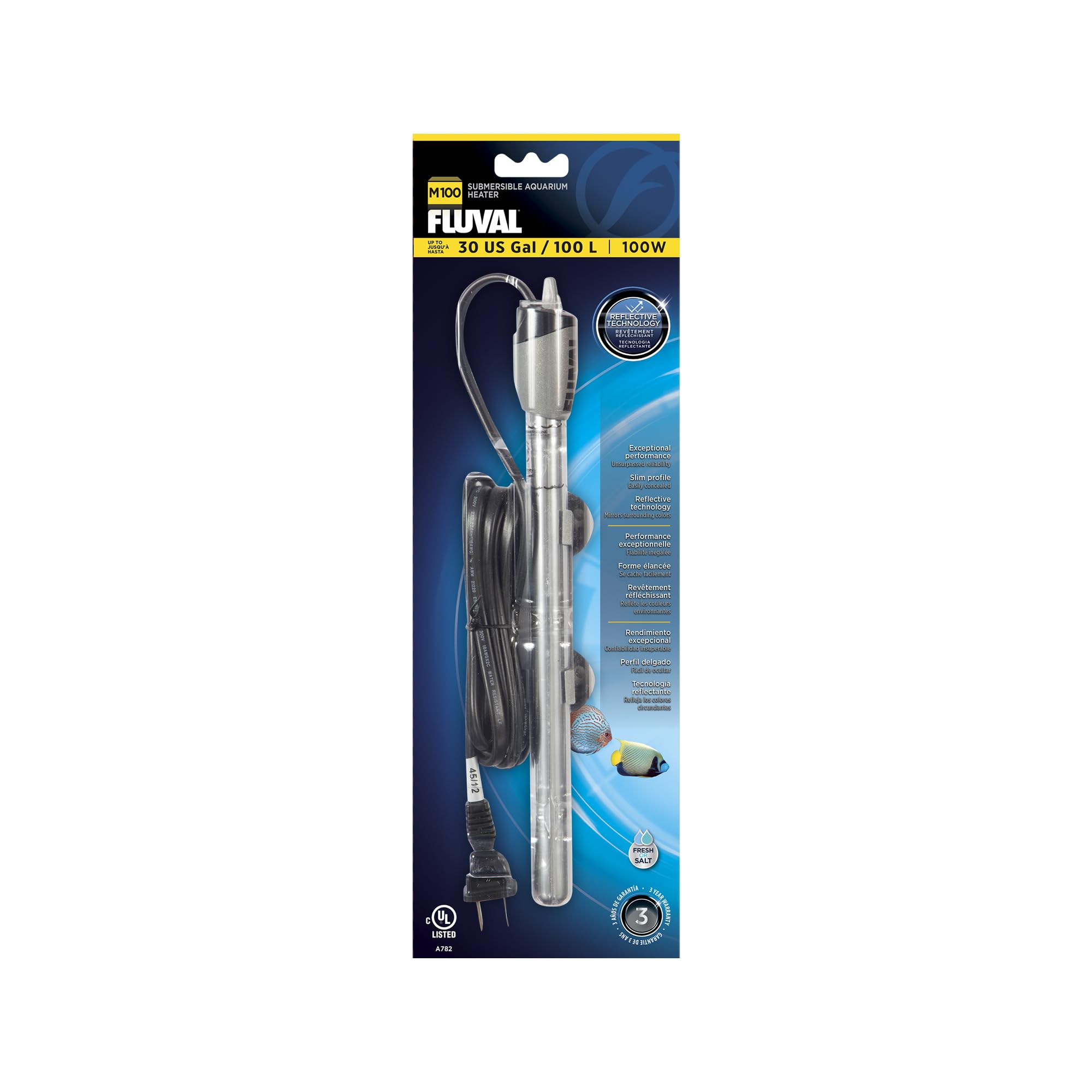 Fluval M100W heater with a compact design for discreet, reliable tank heating.