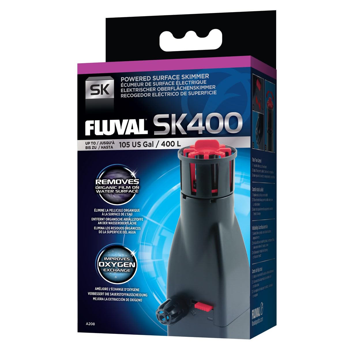 Fluval SK400 surface skimmer on tank rimmed and rimless for clearer water and better oxygenation