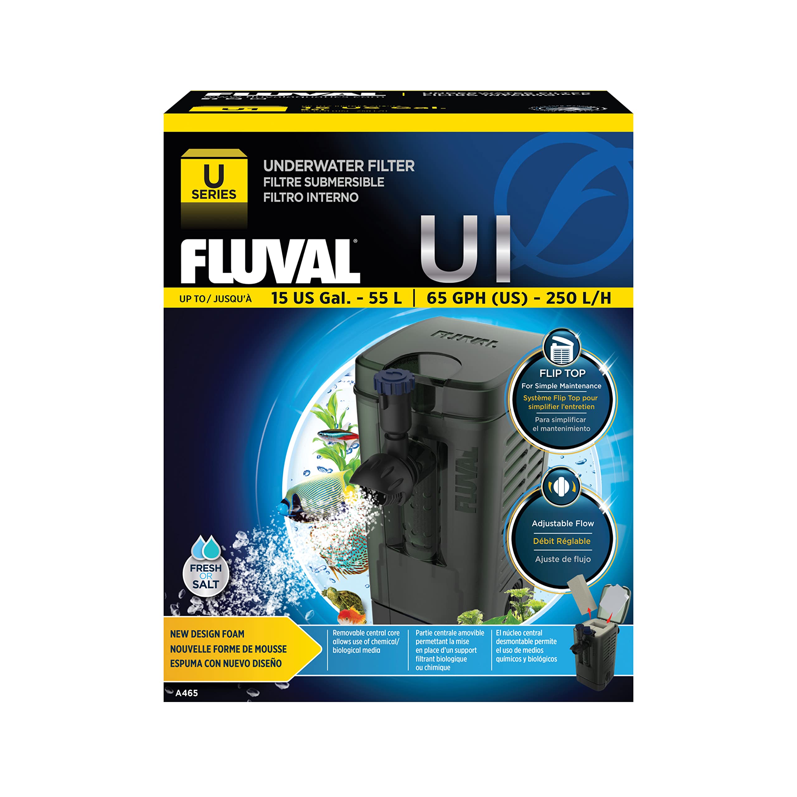 Fluval U1 underwater filter front view, compact three-stage filtration for small tanks.