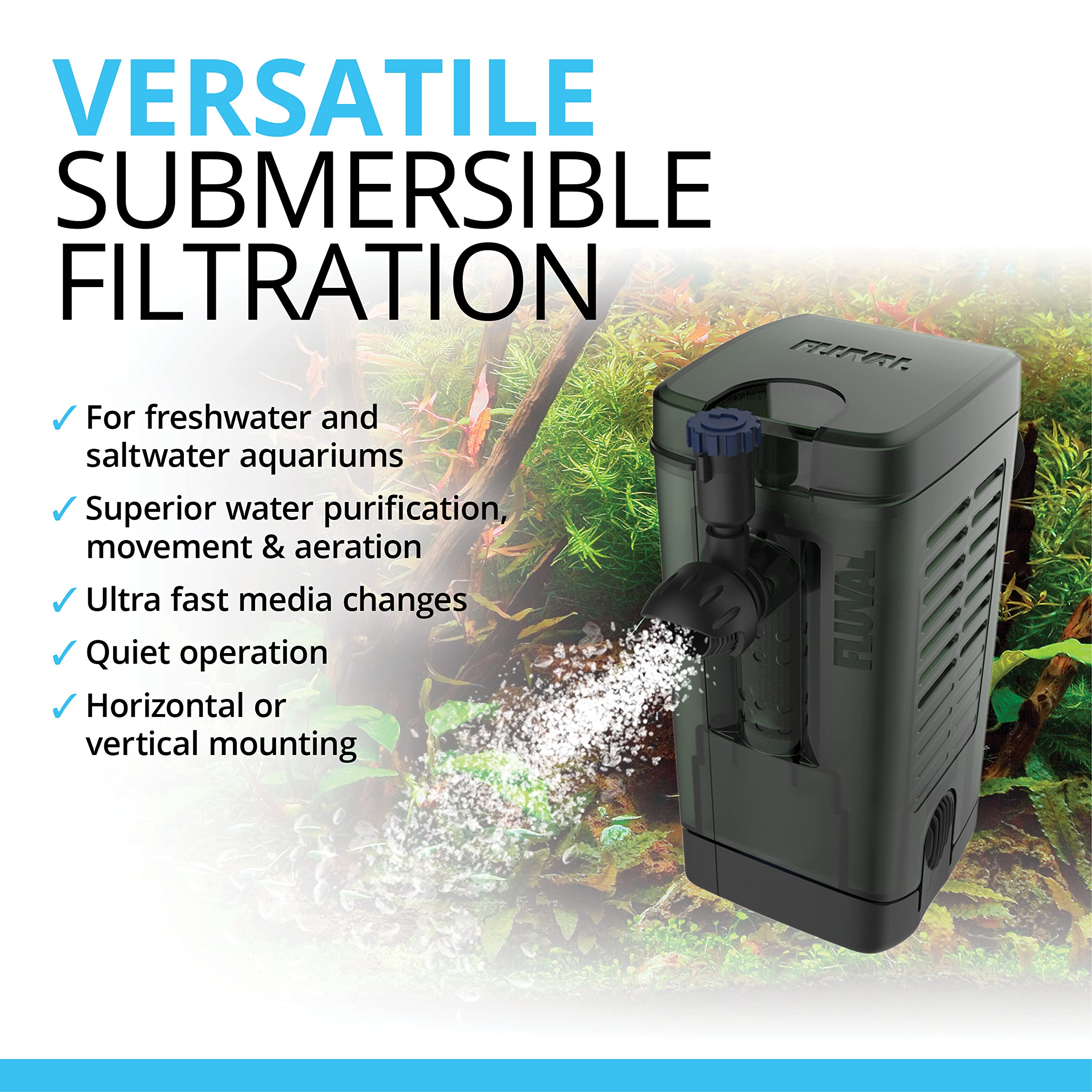Fluval U1 side view shows space-saving design for compact setups.