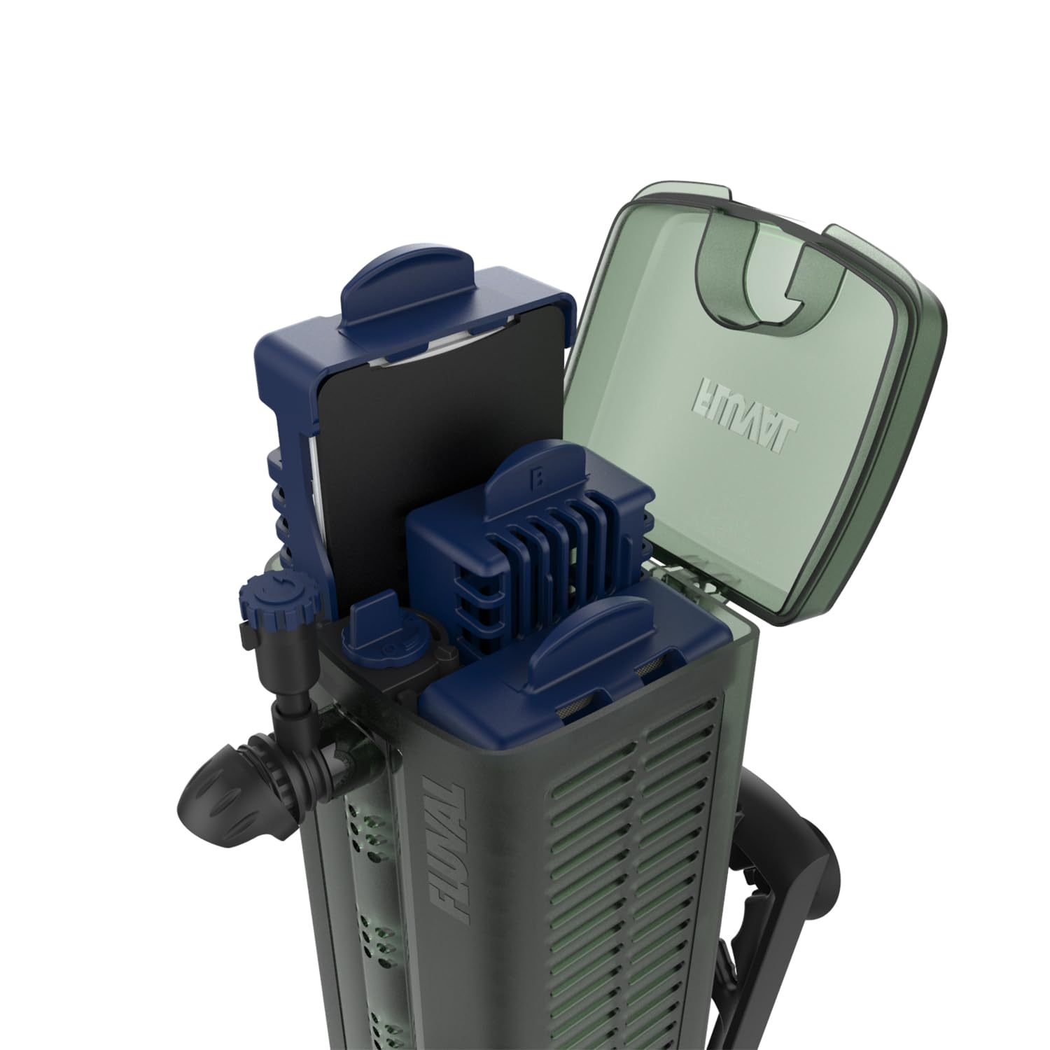 Fluval U3 flip-top lid enabling quick cartridge access for maintenance.