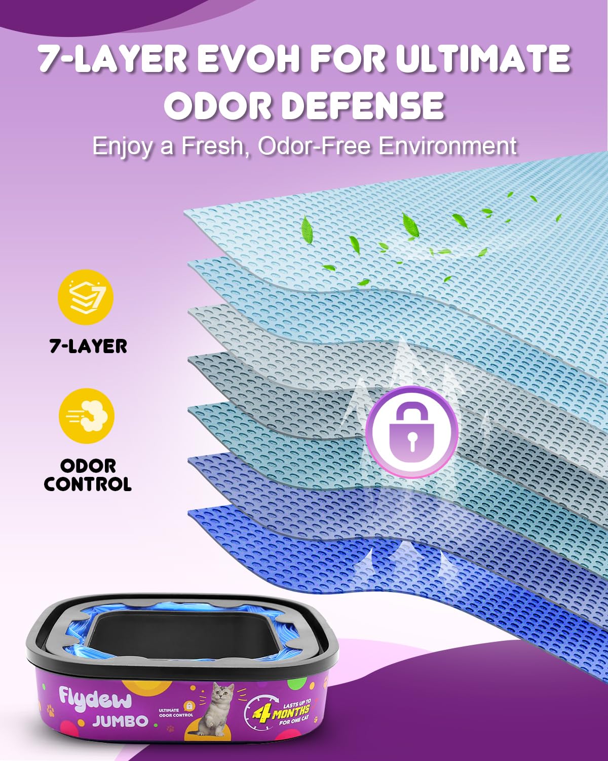 Flydew EVOH seven-layer odor barrier keeps litter area fresher.