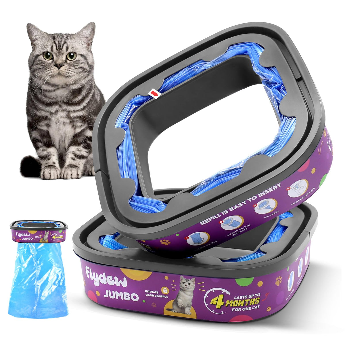 Flydew Cat Genie refill bags securely fit Standard, Plus, and XL+ for smooth disposal.