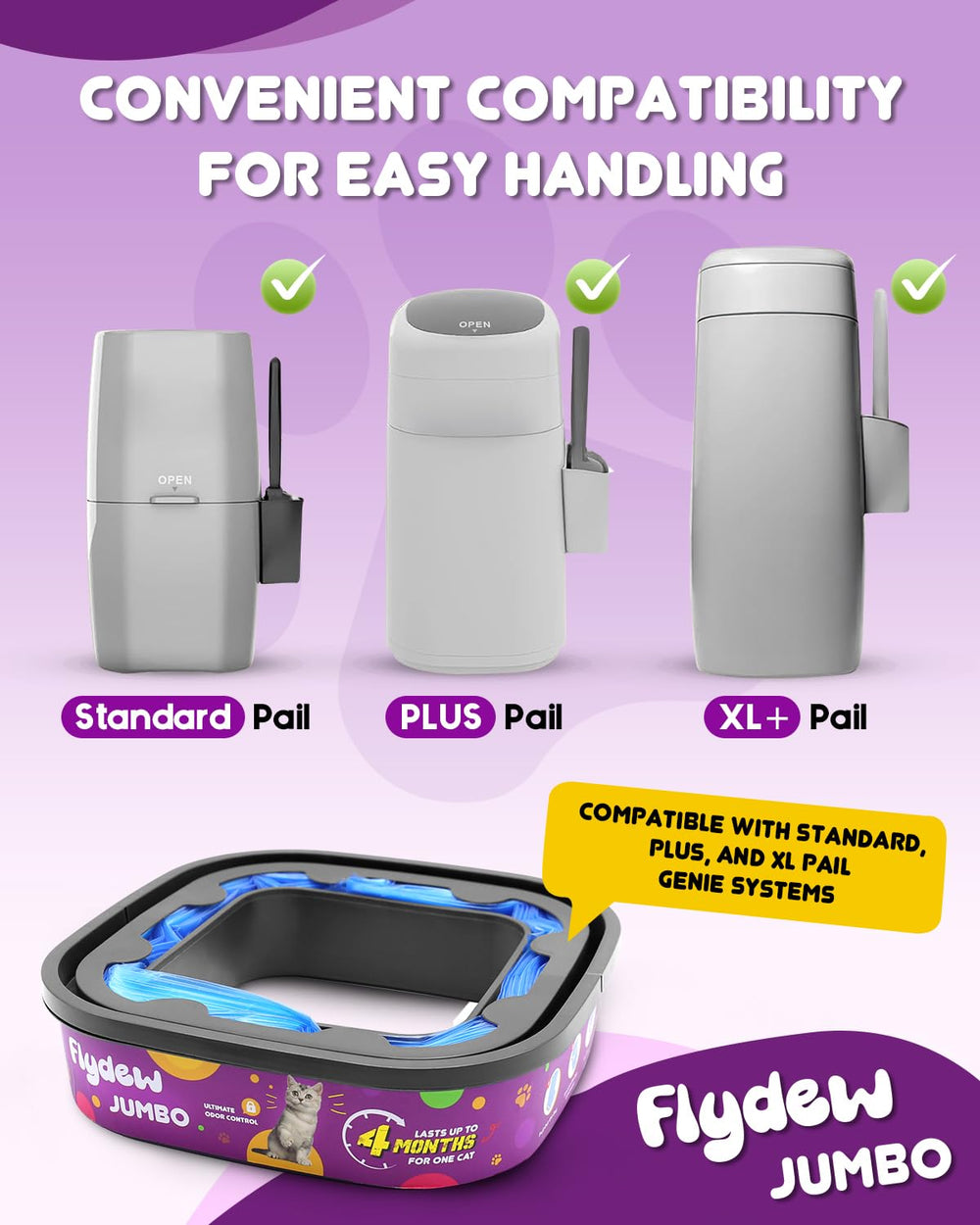 Flydew heavy-duty refill bags resist tearing and leaks.