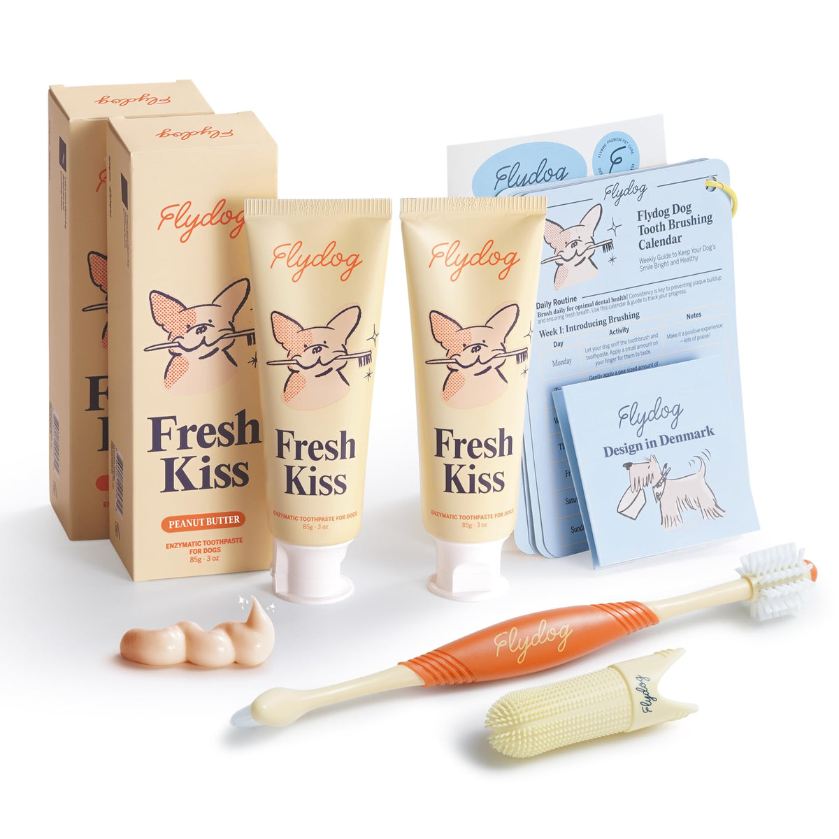 FlyDog Fresh Kiss packaging shows vet-approved dental care for dogs at home.