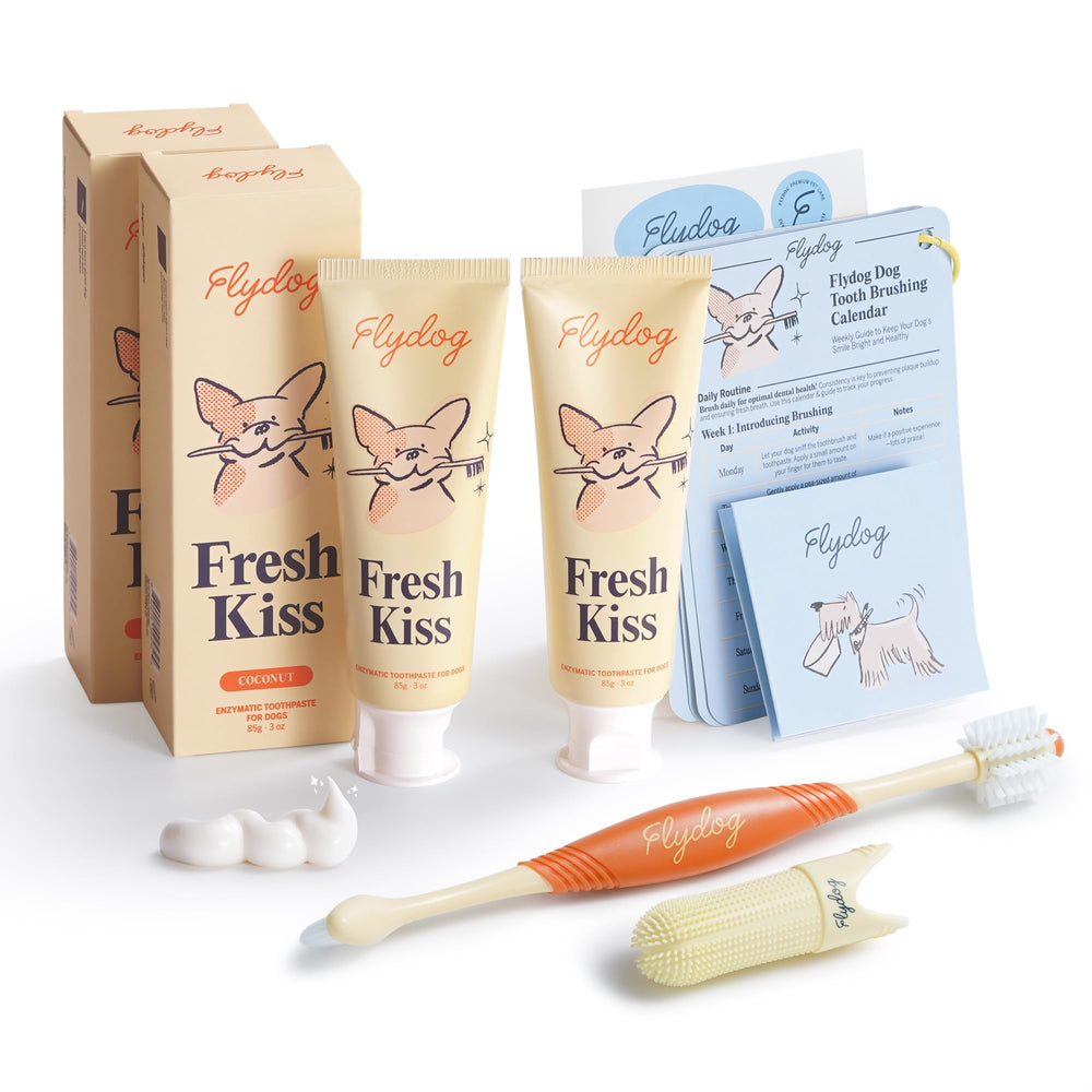 FlyDog Fresh Kiss toothpaste tube with coconut flavor for easy brushing