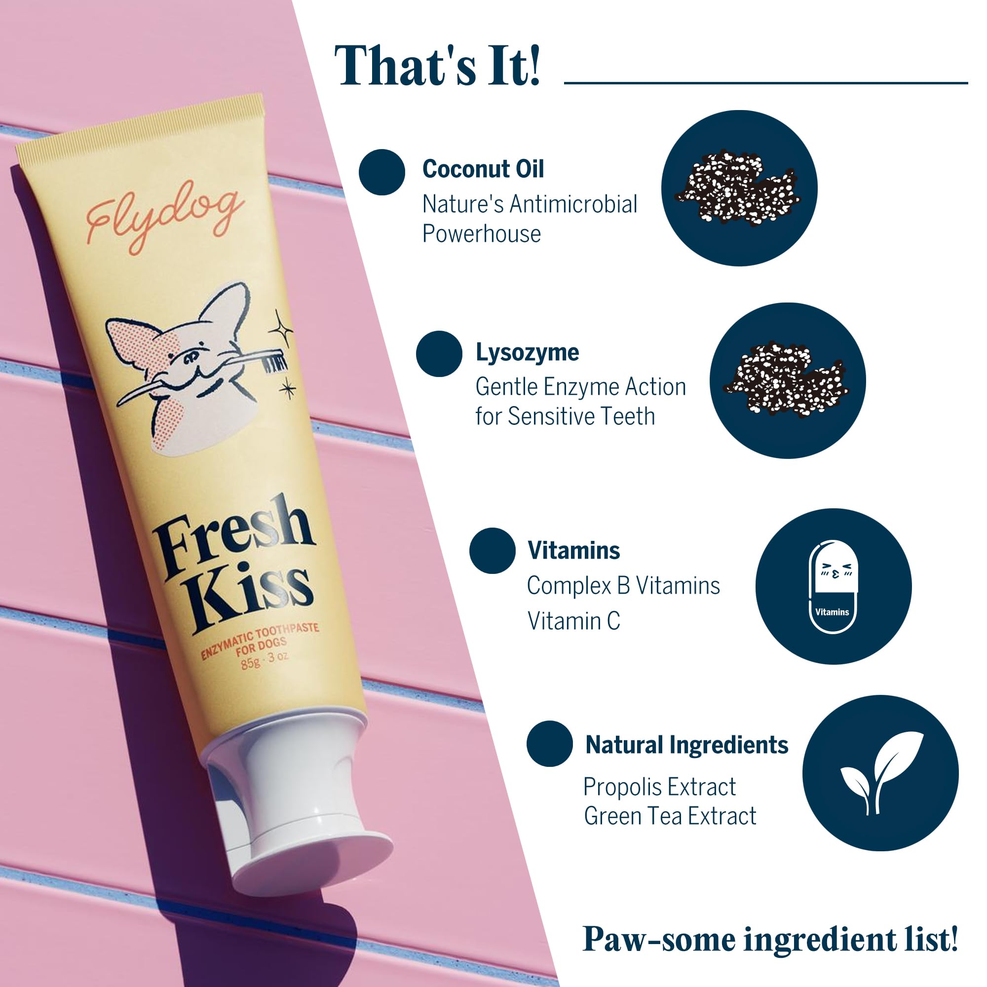 FlyDog Fresh Kiss toothpaste tube highlights enzymatic formula and tasty flavor options.