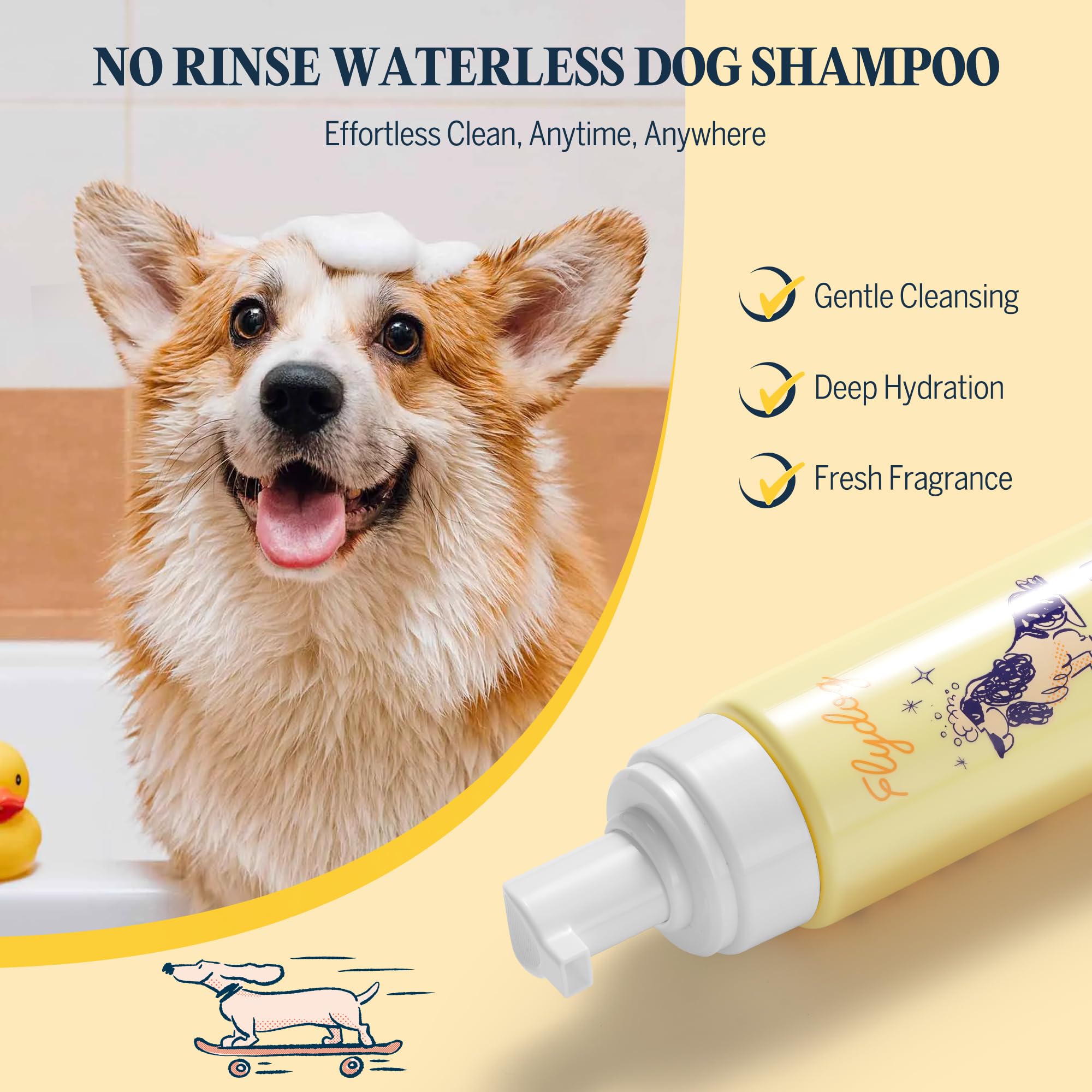 Flydog spray-foam application on a dog coat demonstrates mess-free grooming.