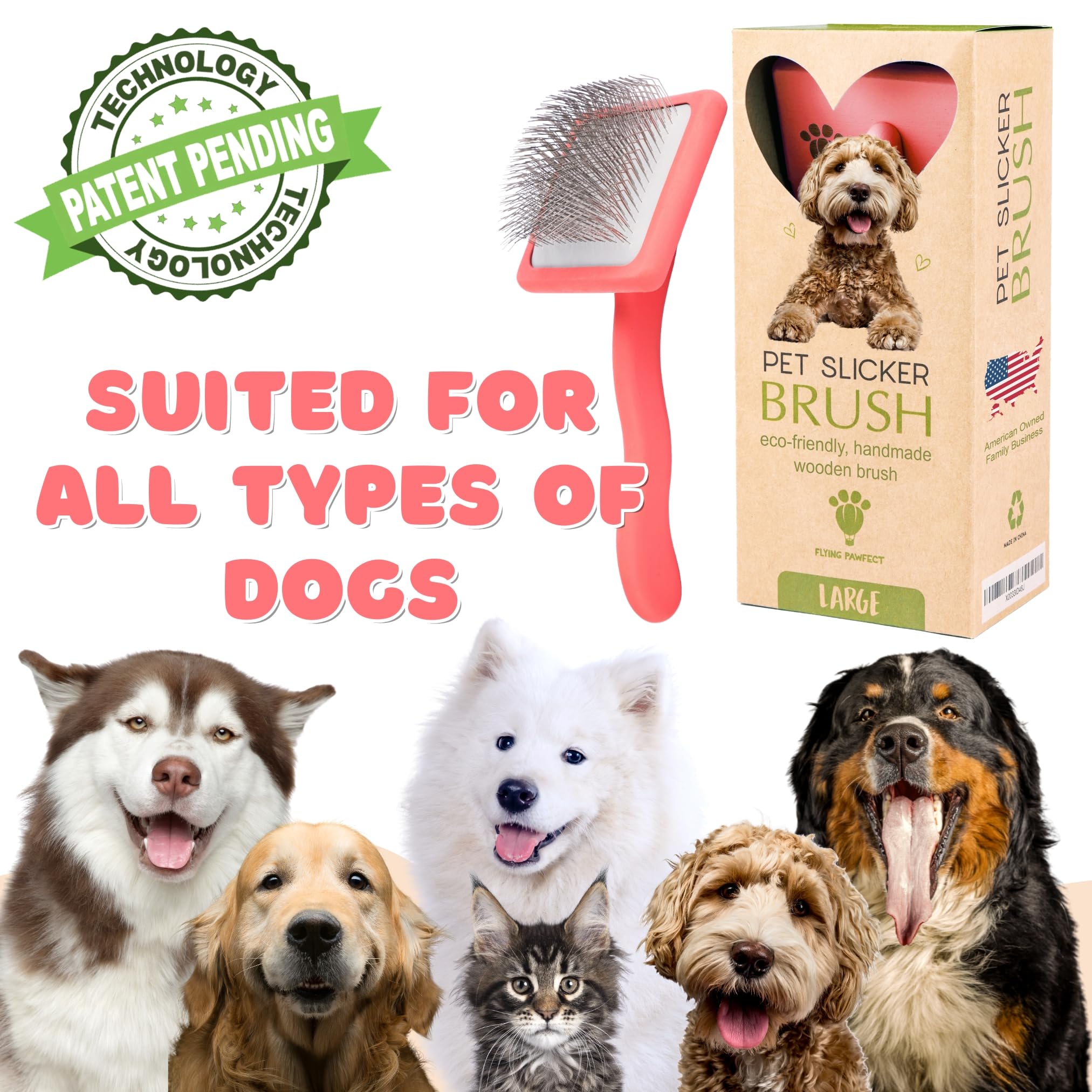 Flying Pawfect soft pins reduce tugging during brushing.