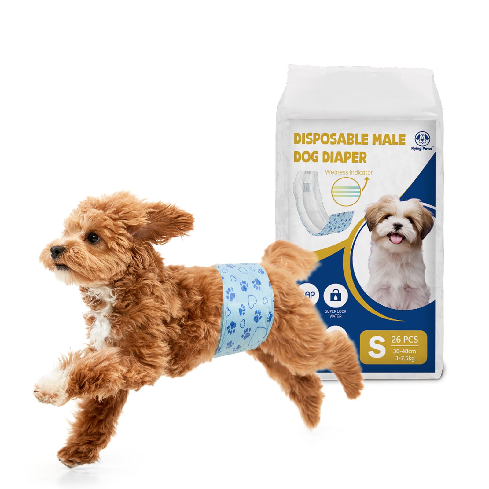 Flying Paws male diapers pack shot highlighting 26-count convenience for training and care