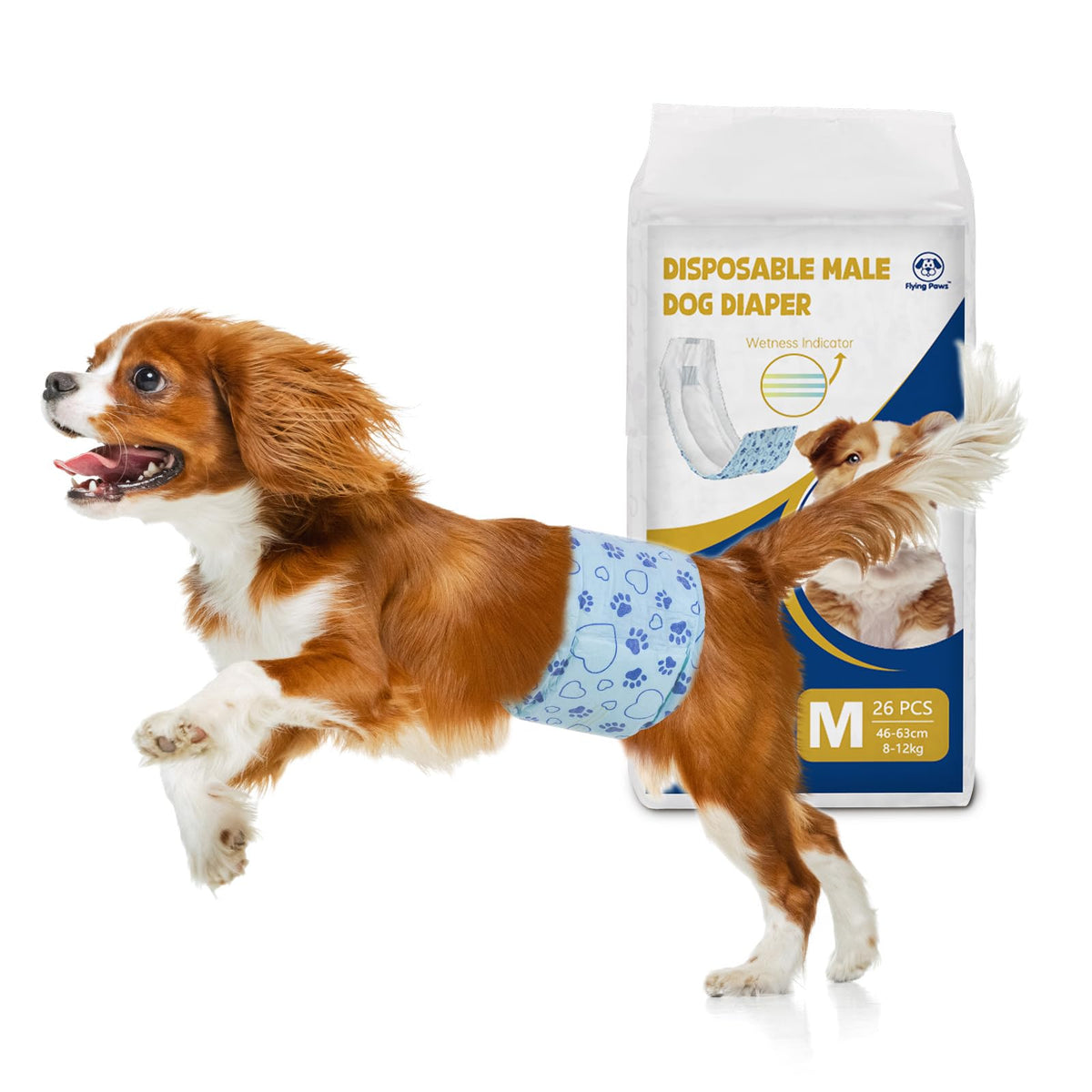 Flying Paws male dog diaper with wetness indicator highlights moisture status for easy check